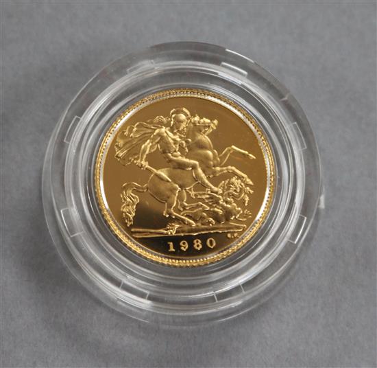 A 1980 gold half proof sovereign.